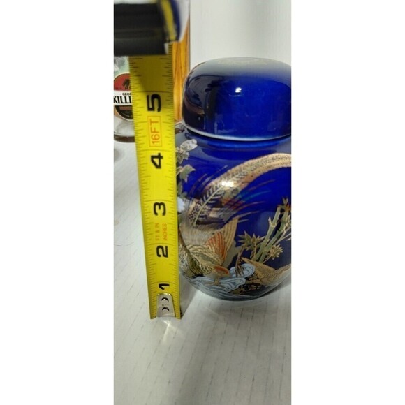 Ginger Jar  With Lid‎ Cobalt Blue with a Painting Of a  Gold Pheasant 5.5in Tall - Picture 11 of 11